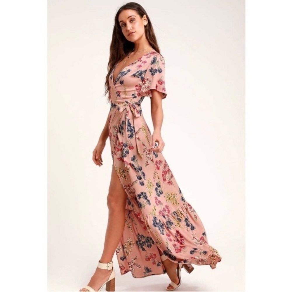 Lulus Mystic Mondays Pink Floral Print Wrap Maxi Dress, Short Sleeves size XS/S